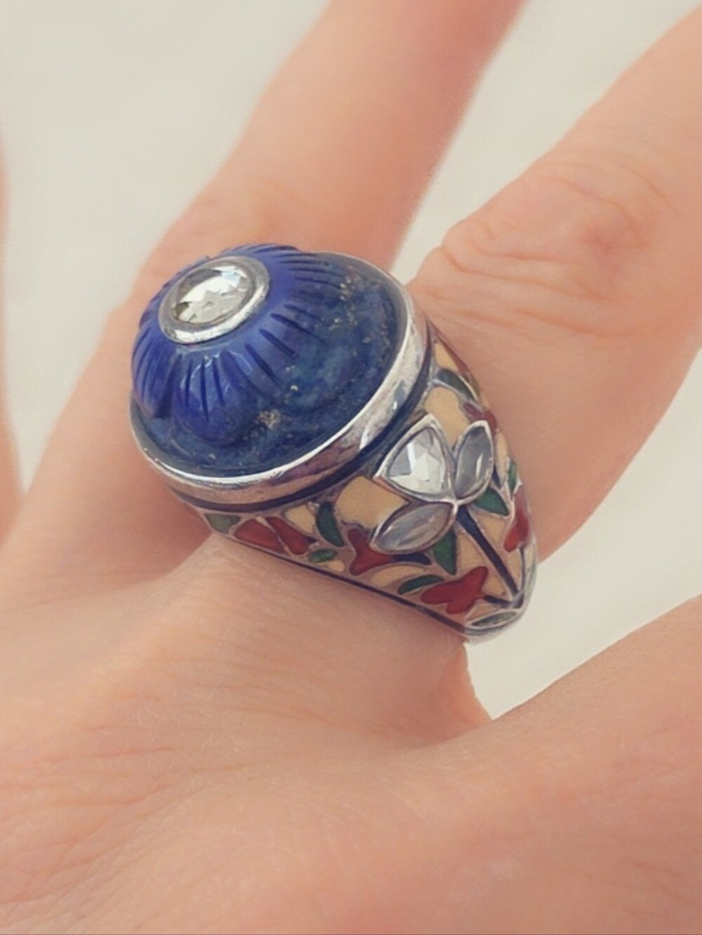 Estate Carved Lapis Lazuli Gemstone Ring Sterling Silver 925